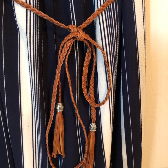 Navy & White striped jumpsuit with brown belt - Picture 3 of 4